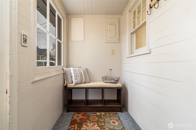 interior space with wooden walls and electric panel