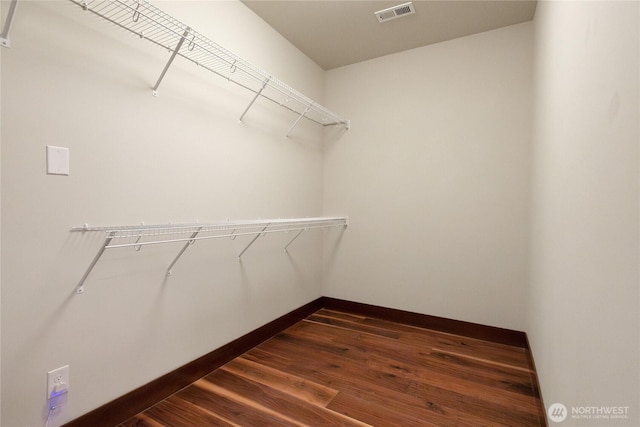 spacious closet featuring visible vents and dark wood finished floors