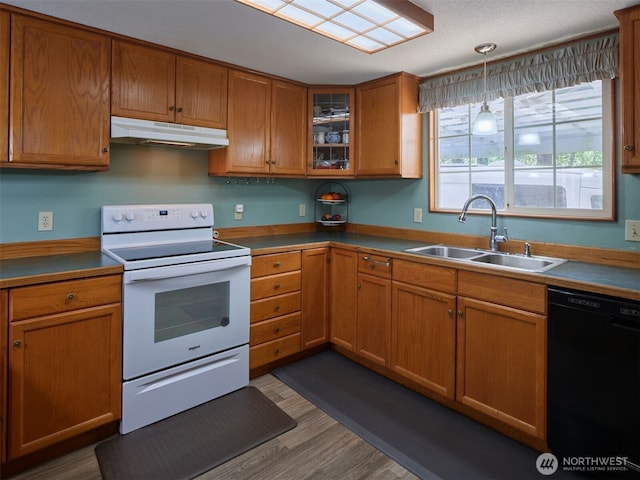 597 Yale Bridge Rd, Ariel, WA 98603 - kitchen with white electric range, a sink, dark wood-style floors, under cabinet range hood, and black dishwasher