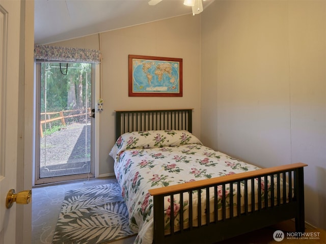 597 Yale Bridge Rd, Ariel, WA 98603 - carpeted bedroom featuring access to outside and vaulted ceiling
