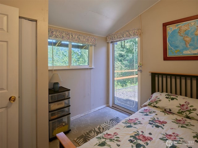 597 Yale Bridge Rd, Ariel, WA 98603 - bedroom featuring baseboards, carpet, access to exterior, and lofted ceiling