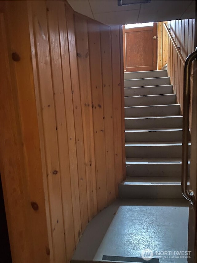 staircase with wood walls