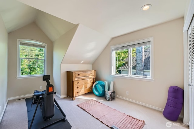 3123 240th Ave NE, Sammamish, WA 98074 - workout area with baseboards, carpet, vaulted ceiling, and visible vents