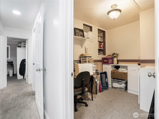 interior space featuring light colored carpet
