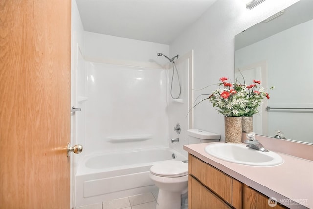 bathroom with shower / bathtub combination, toilet, tile patterned flooring, and vanity