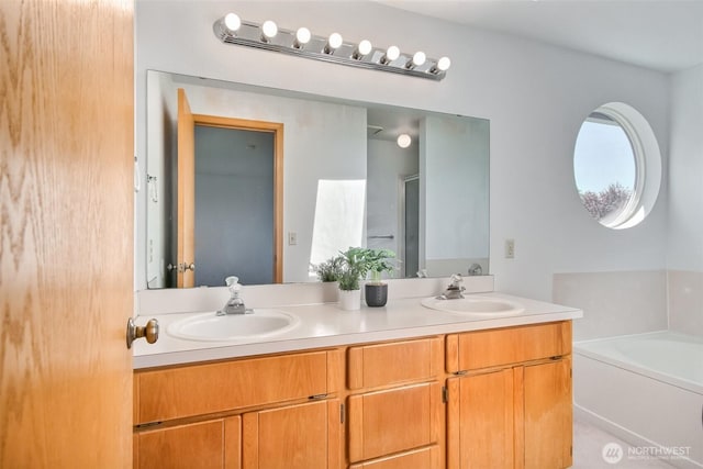 bathroom featuring an enclosed shower, double vanity, a sink, and a garden tub