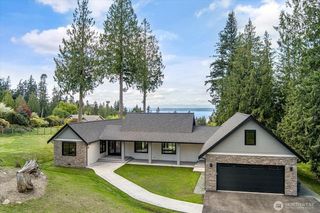 4306 Quaternary Rd, Clinton, WA 98236 - ranch-style house featuring a porch, a garage, stone siding, and a front yard