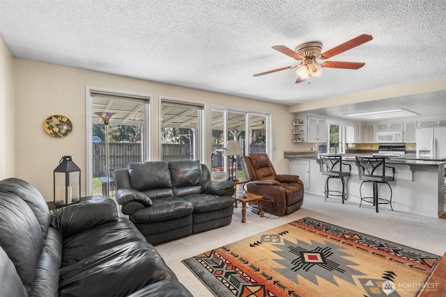 carpeted living room with a ceiling fan and a textured ceiling