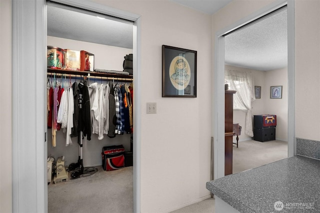 interior space with carpet floors and a textured ceiling