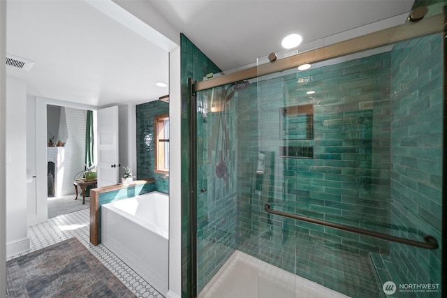209 W 3rd St, Cle Elum, WA 98922 - full bath featuring a bath, visible vents, a shower stall, and tile patterned flooring