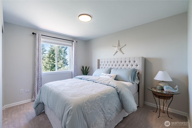 bedroom with baseboards and carpet