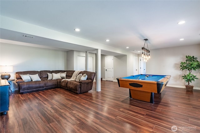 recreation room featuring recessed lighting, billiards, dark wood-style flooring, and visible vents