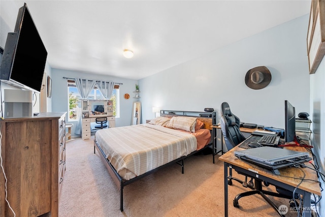 bedroom with light colored carpet
