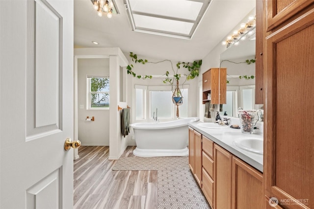 bathroom with a sink, a soaking tub, double vanity, and wood finished floors