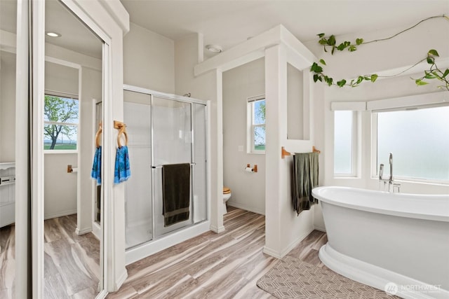full bathroom with wood finished floors, a wealth of natural light, toilet, and a shower stall