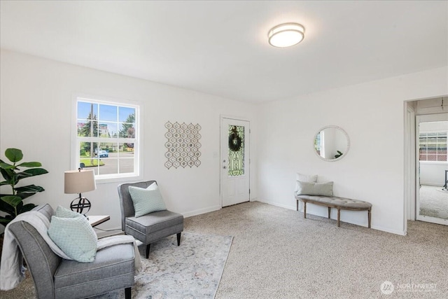living area featuring carpet floors and baseboards