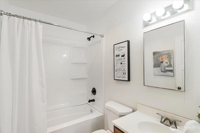 full bathroom featuring toilet, shower / bath combination with curtain, and vanity