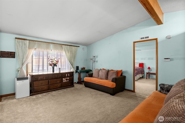 living area featuring vaulted ceiling with beams, carpet, and visible vents