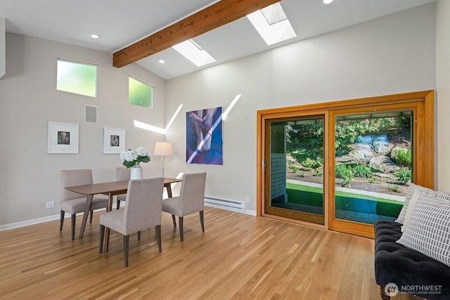 dining space featuring a skylight, a baseboard radiator, baseboards, light wood-style flooring, and beamed ceiling