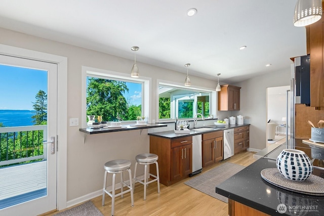 kitchen featuring stainless steel dishwasher, a sink, dark countertops, light wood finished floors, and decorative light fixtures