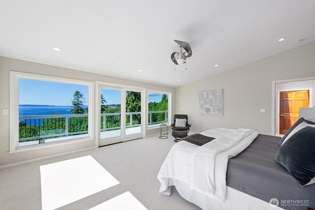 carpeted bedroom featuring lofted ceiling and recessed lighting