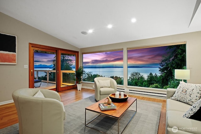 living room with a baseboard radiator, wood finished floors, lofted ceiling, a water view, and plenty of natural light