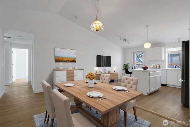 22516 45th Ave E, Spanaway, WA 98387 - dining space featuring baseboards, lofted ceiling, and light wood-type flooring