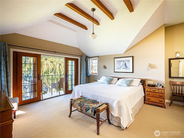 8314 Island Dr S, Seattle, WA 98118 - bedroom featuring access to outside, lofted ceiling with beams, and light carpet