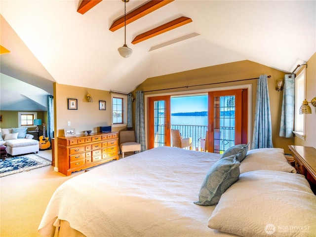 8314 Island Dr S, Seattle, WA 98118 - carpeted bedroom featuring access to outside, lofted ceiling with beams, and a water view