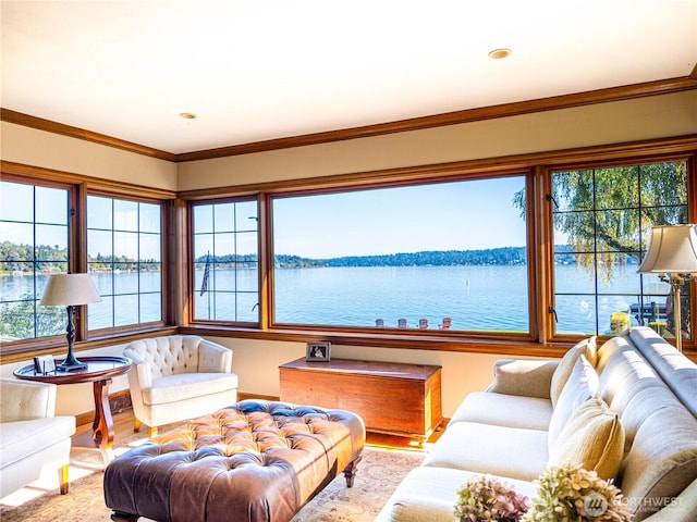 8314 Island Dr S, Seattle, WA 98118 - living room with a water view, wood finished floors, and a wealth of natural light