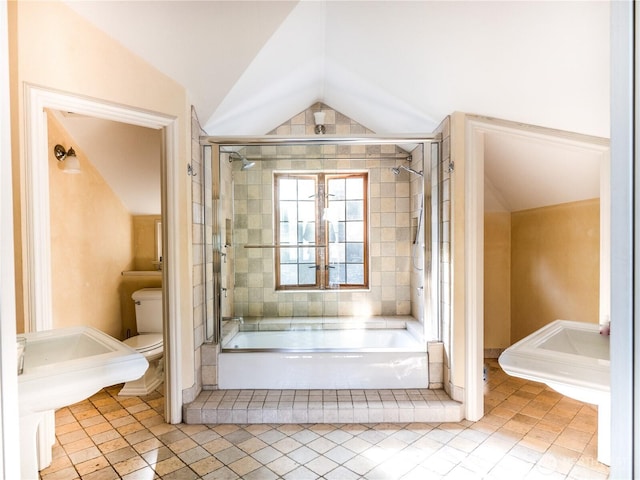 8314 Island Dr S, Seattle, WA 98118 - full bath with shower / bath combination with glass door, tile patterned floors, lofted ceiling, and toilet