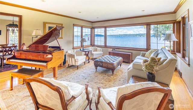 8314 Island Dr S, Seattle, WA 98118 - living area with crown molding, a water view, and wood finished floors