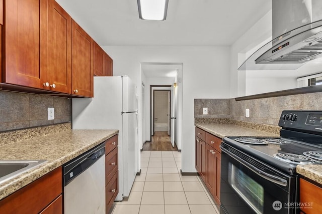 9500 Rainier Ave S Unit 102, Seattle, WA 98118 - kitchen with wall chimney range hood, light tile patterned flooring, black electric range, backsplash, and stainless steel dishwasher