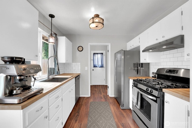 1718 33rd St SE, Auburn, WA 98002 - kitchen featuring stainless steel appliances, under cabinet range hood, a sink, dark wood finished floors, and backsplash