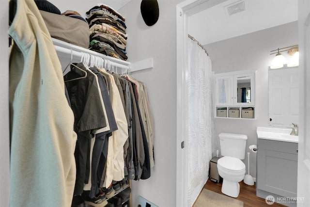 1718 33rd St SE, Auburn, WA 98002 - full bath featuring wood finished floors, vanity, toilet, a spacious closet, and curtained shower