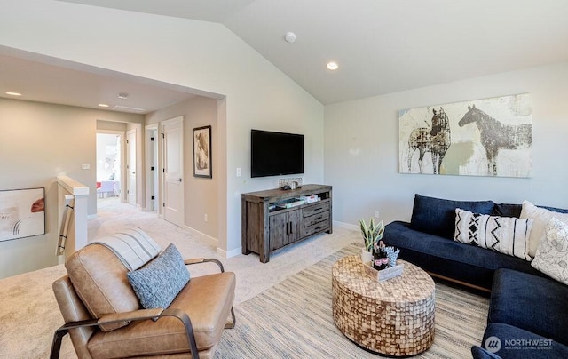 living area with recessed lighting, baseboards, light colored carpet, and lofted ceiling
