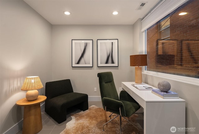 tiled office featuring baseboards, recessed lighting, and visible vents
