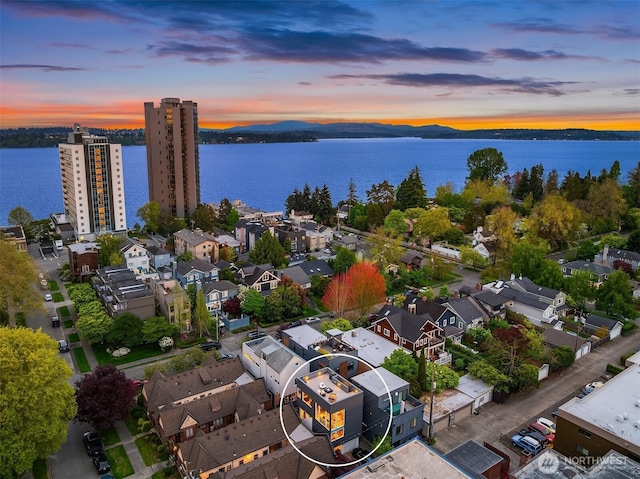 bird's eye view with a water view