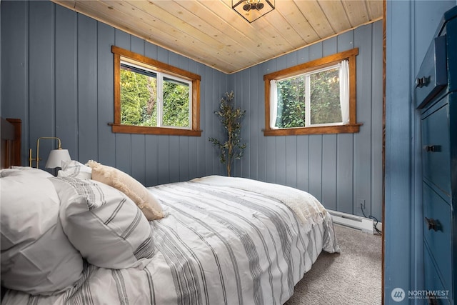 23821 S Lake Roesiger Rd, Snohomish, WA 98290 - bedroom with a baseboard radiator, carpet flooring, multiple windows, and wooden ceiling