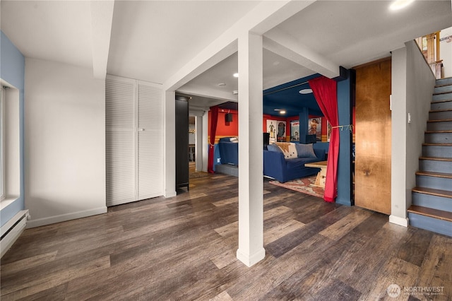 23821 S Lake Roesiger Rd, Snohomish, WA 98290 - finished below grade area with stairs, wood finished floors, baseboards, baseboard heating, and recessed lighting