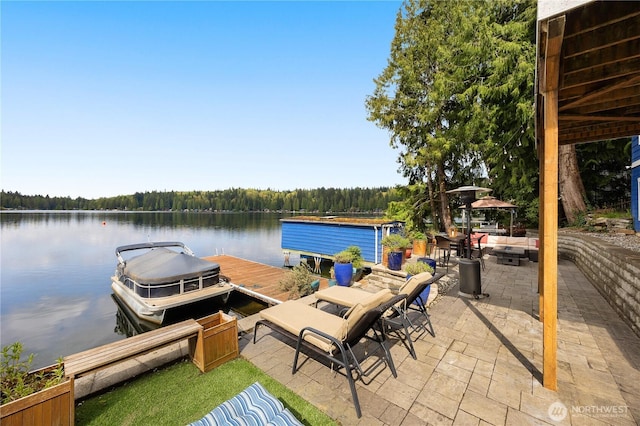 23821 S Lake Roesiger Rd, Snohomish, WA 98290 - view of dock with a gazebo, a water view, a patio area, and a forest view