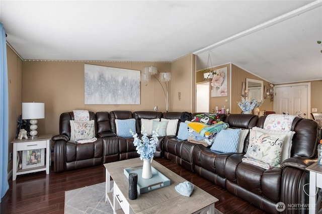 living area with wood finished floors and lofted ceiling