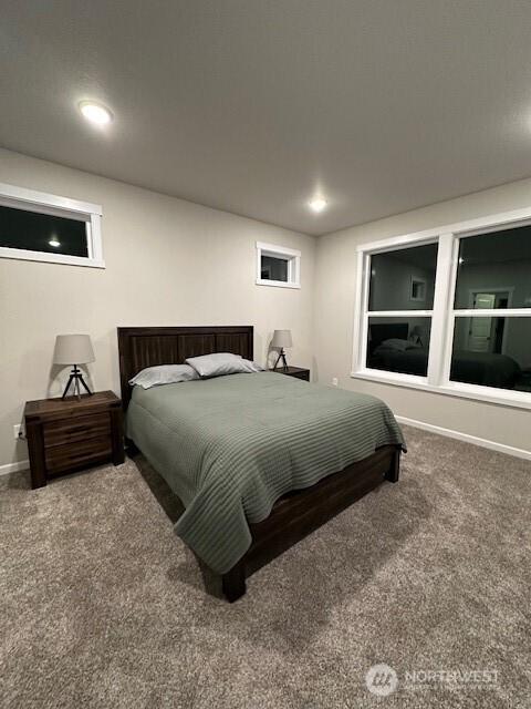 bedroom featuring carpet flooring, recessed lighting, and baseboards