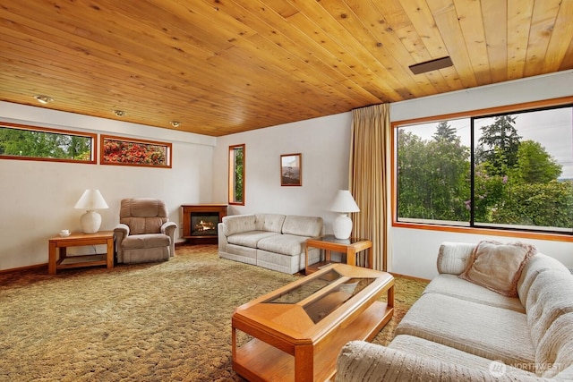 4995 Johnson St NW, Bremerton, WA 98311 - carpeted living room with wooden ceiling, a glass covered fireplace, and baseboards