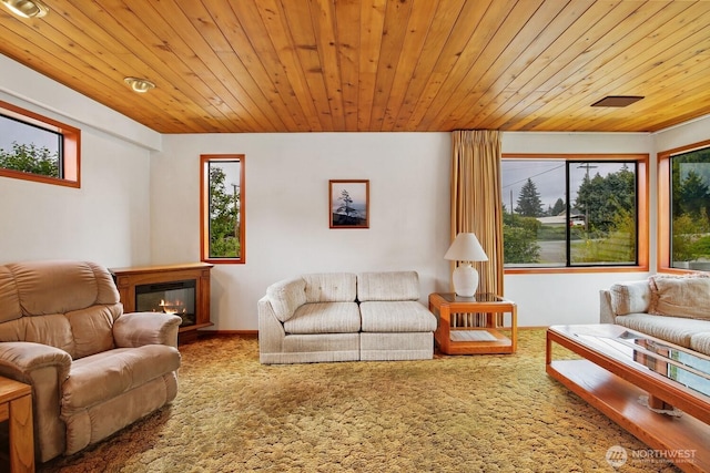 4995 Johnson St NW, Bremerton, WA 98311 - carpeted living area featuring wood ceiling and a glass covered fireplace
