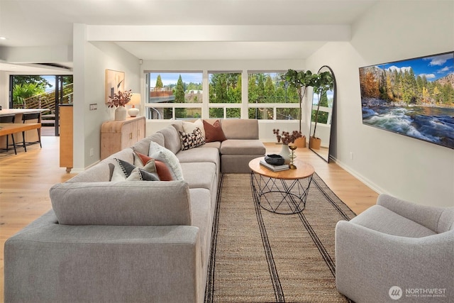living room featuring plenty of natural light, light wood-style flooring, and baseboards