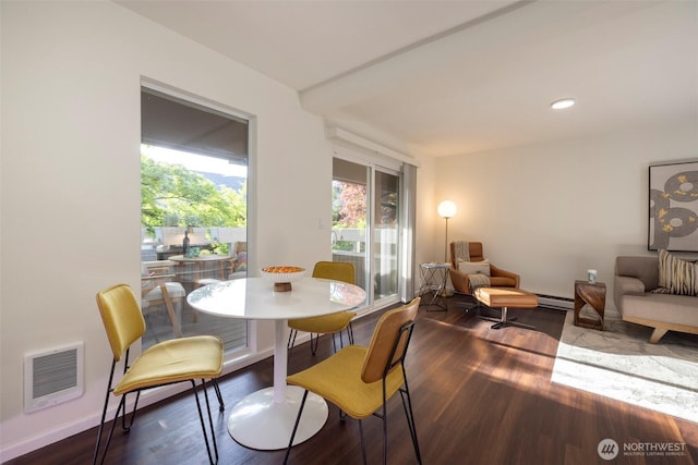 dining space with visible vents, baseboard heating, wood finished floors, baseboards, and recessed lighting