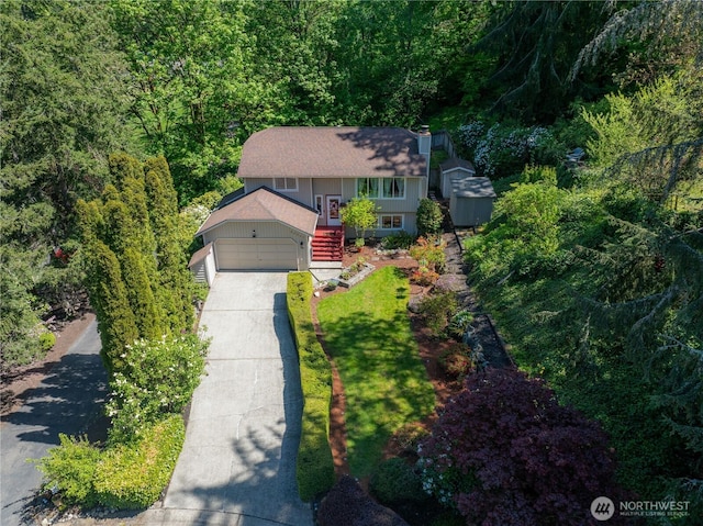 drone / aerial view featuring a view of trees