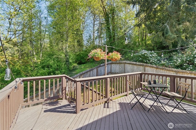wooden deck with a fenced backyard