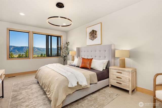 bedroom with recessed lighting, baseboards, visible vents, and light carpet
